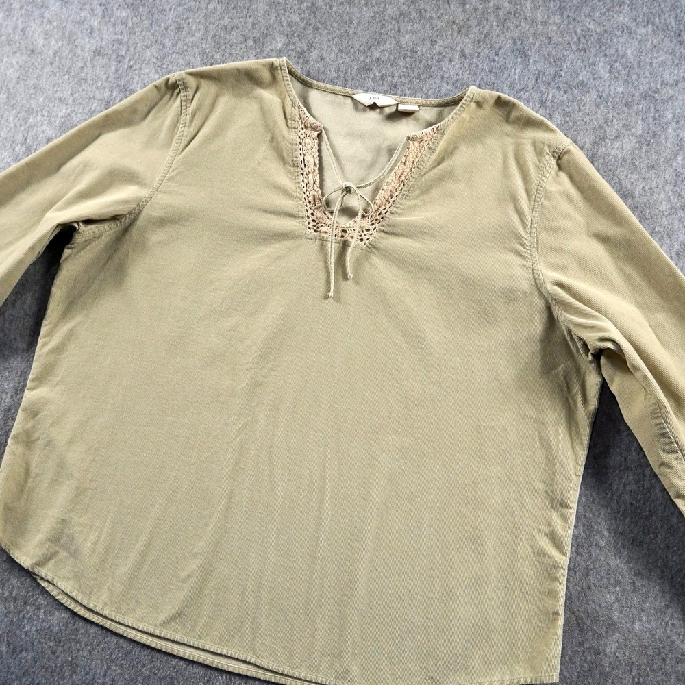 J. Jill Women's XL Green Corduroy Lace Trim V-Neck Tie Front Top Preppy